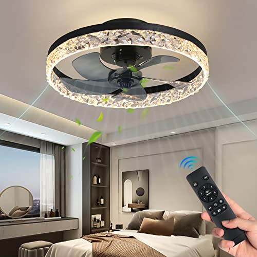 KINDLOV Modern Indoor Flush Mount Ceiling Fan with Lights,Dimmable Low Profile Ceiling Fans with Remote Control,Smart 3 Light Color Change and 6 Speeds for Bedroom Living Room Kitchen, Black