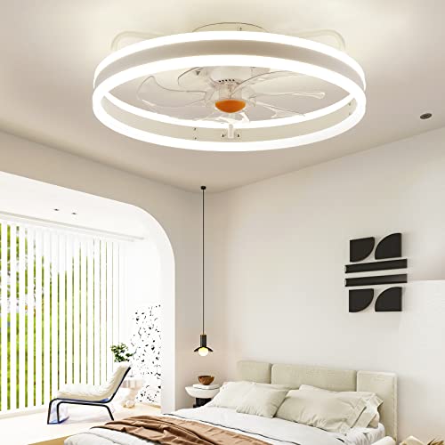 Ceiling Fans with Lights Low Profile - Flush Mount Modern Ceiling Fans with Lights Remote - 20” Asyko Bladeless Enclosed Ceiling Fans, Small Smart Ceiling Fans for Bedroom, Living Room and Kitchen…