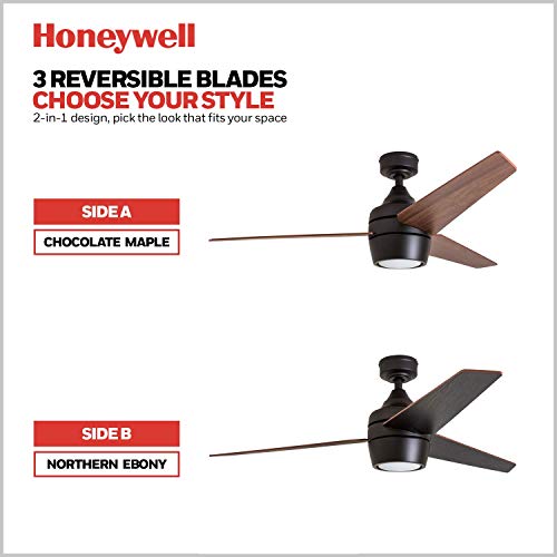 Honeywell Ceiling Fans Eamon - 52-in Modern Indoor Fan with Remote Control - LED Ceiling Fan with Light - Modern Room Fan with Dual Finish Blades - Model 50603-01 (Bronze)