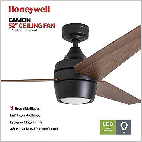 Honeywell Ceiling Fans Eamon - 52-in Modern Indoor Fan with Remote Control - LED Ceiling Fan with Light - Modern Room Fan with Dual Finish Blades - Model 50603-01 (Bronze)