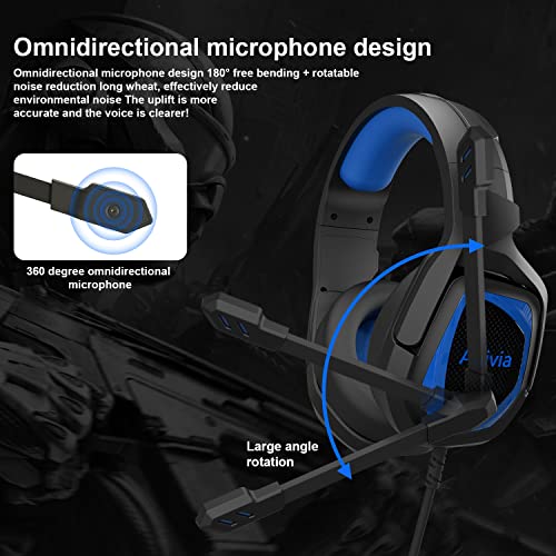 Emonoo Gaming Headset for PS4 PS5 Xbox Switch, Wired Over-Ear Headphones with Adjustable Active Noise Cancelling Mic for PC & MAC, Blue