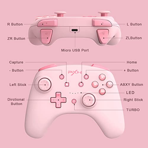 PXN Wireless Switch Controller for Nintendo Switch/Switch Lite/OLED, Support iOS(16 Version Only) Switch Pro Controller with Turbo, Wake-up, NFC, Motion, Vibration Wireless Switch Controller-Pink