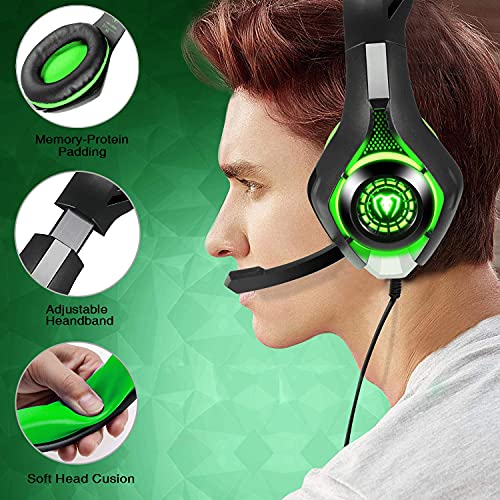 BlueFire Stereo Gaming Headset for Playstation 4 PS4 PS5, Over-Ear Headphones with Mic and LED Lights for Xbox One, PC, Laptop(Green)