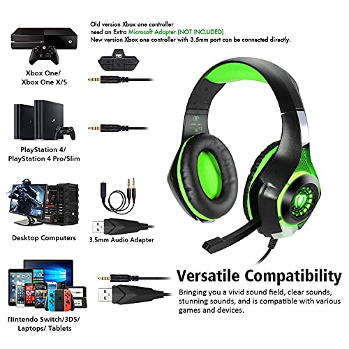 BlueFire Stereo Gaming Headset for Playstation 4 PS4 PS5, Over-Ear Headphones with Mic and LED Lights for Xbox One, PC, Laptop(Green)