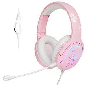 mytrix sakura pink cherry blossoms gaming headset, 360° rotation mic, soft earmuff headphone for ps4, ps5, xbox, pc & mac, switch, rgb gradient light effect