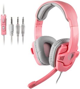 sades sa708gt stereo gaming headset for xbox one, ps4, pc, mobile, noise cancelling over ear headphones with mic & bass surround soft memory earmuffs for laptop nintendo switch games-pink