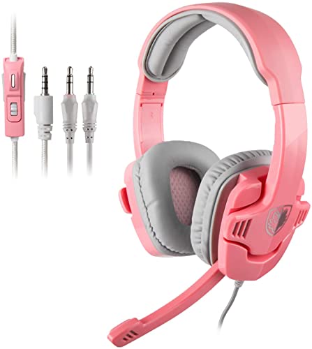 SADES SA708GT Stereo Gaming Headset for Xbox One, PS4, PC, Mobile, Noise Cancelling Over Ear Headphones with Mic & Bass Surround Soft Memory Earmuffs for Laptop Nintendo Switch Games-Pink