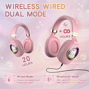 Girls Kids Headphones Wired - Pink Noise Cancelling Wireless Headphones for Kids for School - Over Ear Light Up Foldable Cat Bluetooth Gaming Headset with Microphone for iPad Kindle Tablet PC Travel