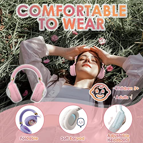 Girls Kids Headphones Wired - Pink Noise Cancelling Wireless Headphones for Kids for School - Over Ear Light Up Foldable Cat Bluetooth Gaming Headset with Microphone for iPad Kindle Tablet PC Travel