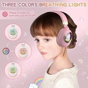 Girls Kids Headphones Wired - Pink Noise Cancelling Wireless Headphones for Kids for School - Over Ear Light Up Foldable Cat Bluetooth Gaming Headset with Microphone for iPad Kindle Tablet PC Travel