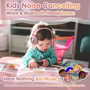 Girls Kids Headphones Wired - Pink Noise Cancelling Wireless Headphones for Kids for School - Over Ear Light Up Foldable Cat Bluetooth Gaming Headset with Microphone for iPad Kindle Tablet PC Travel