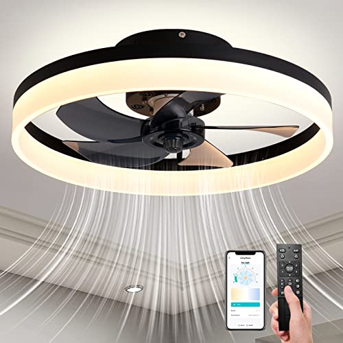 LCYFBE 20" Modern Ceiling Fan with Light, Dimmable LED 6 Speeds Reversible Blades Timing with Remote Control, Semi Flush Mount Low Profile ceiling fan with light for home bedroom, Black