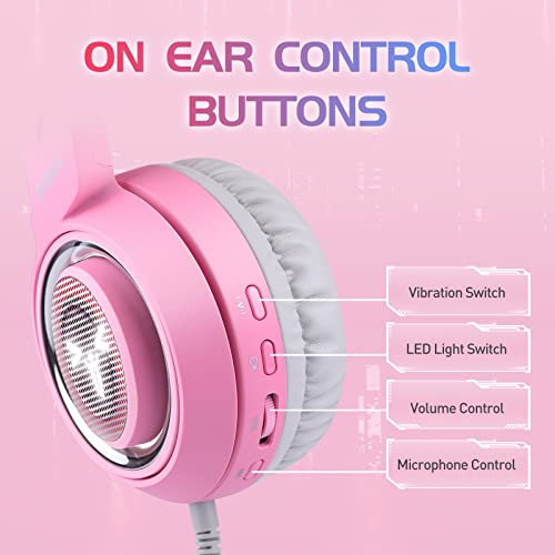 SOMIC G951pink Gaming Headset for PC, PS4, PS5, Laptop, Cat Ear Headphone USB Gaming Headphones with Mic Noise Cancelling, LED Light, 7.1 Virtual Surround Sound for Girls, Women