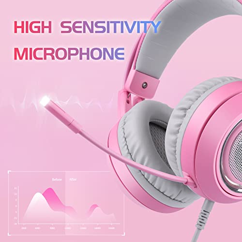 SOMIC G951pink Gaming Headset for PC, PS4, PS5, Laptop, Cat Ear Headphone USB Gaming Headphones with Mic Noise Cancelling, LED Light, 7.1 Virtual Surround Sound for Girls, Women