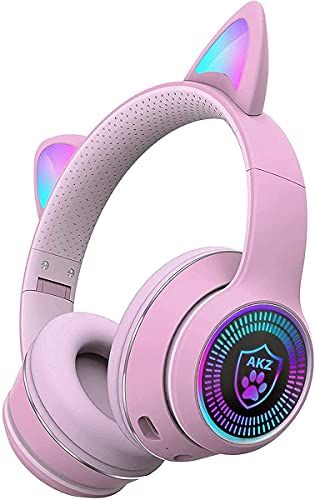 Zuri Sana Cat Ear Gaming Bluetooth 5.2 Wireless Foldable Headphones with LED Light, Over Ear Stereo Sound Music Headsets with Microphone AUX for PC TV Pad Cellphone Laptop Game Kids Adults Gift