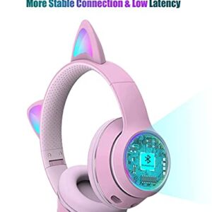 Zuri Sana Cat Ear Gaming Bluetooth 5.2 Wireless Foldable Headphones with LED Light, Over Ear Stereo Sound Music Headsets with Microphone AUX for PC TV Pad Cellphone Laptop Game Kids Adults Gift