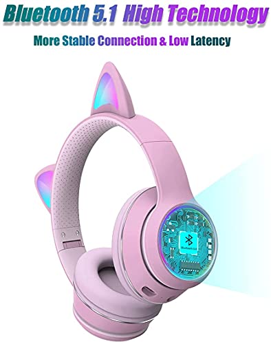 Zuri Sana Cat Ear Gaming Bluetooth 5.2 Wireless Foldable Headphones with LED Light, Over Ear Stereo Sound Music Headsets with Microphone AUX for PC TV Pad Cellphone Laptop Game Kids Adults Gift