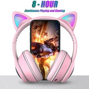 Zuri Sana Cat Ear Gaming Bluetooth 5.2 Wireless Foldable Headphones with LED Light, Over Ear Stereo Sound Music Headsets with Microphone AUX for PC TV Pad Cellphone Laptop Game Kids Adults Gift