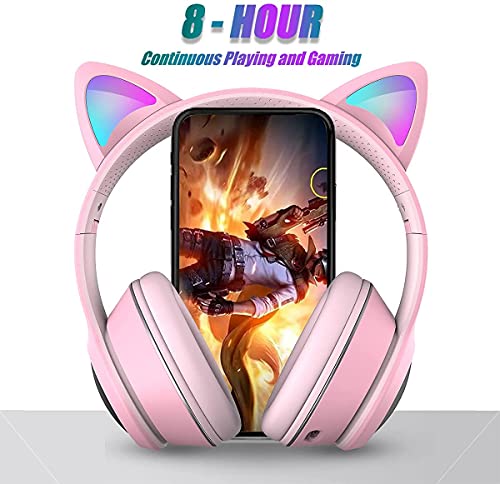 Zuri Sana Cat Ear Gaming Bluetooth 5.2 Wireless Foldable Headphones with LED Light, Over Ear Stereo Sound Music Headsets with Microphone AUX for PC TV Pad Cellphone Laptop Game Kids Adults Gift