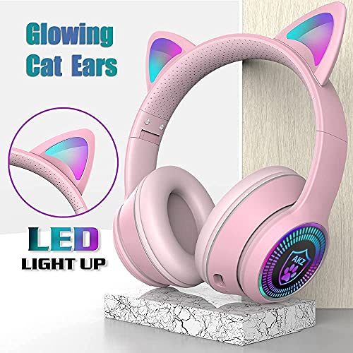 Zuri Sana Cat Ear Gaming Bluetooth 5.2 Wireless Foldable Headphones with LED Light, Over Ear Stereo Sound Music Headsets with Microphone AUX for PC TV Pad Cellphone Laptop Game Kids Adults Gift
