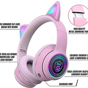 Zuri Sana Cat Ear Gaming Bluetooth 5.2 Wireless Foldable Headphones with LED Light, Over Ear Stereo Sound Music Headsets with Microphone AUX for PC TV Pad Cellphone Laptop Game Kids Adults Gift