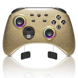 mytrix gold wireless switch controller compatible with nintendo switch/oled/lite steam deck, pro controller with turbo, motion, vibration, wake-up, headphone jack and dynamic joystick rgb lighting