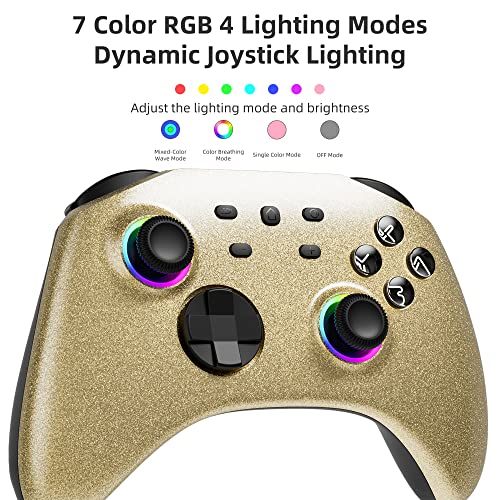 Mytrix Gold Wireless Switch Controller Compatible with Nintendo Switch/OLED/Lite Steam Deck, Pro Controller with Turbo, Motion, Vibration, Wake-Up, Headphone Jack and Dynamic Joystick RGB Lighting