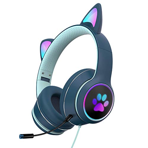 LVOERTUIG Cat Ear Headphones,Foldable and Stretchable Wireless Bluetooth Gaming Headset with RGB LED Light Wired Gaming Headset Stereo Sound,Over Ear Headphones Gift for Kids and Adult