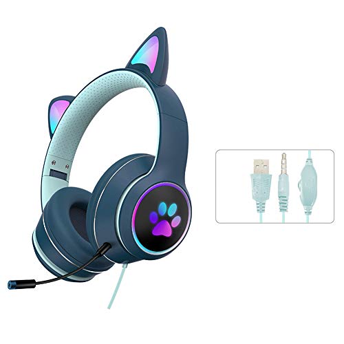 LVOERTUIG Cat Ear Headphones,Foldable and Stretchable Wireless Bluetooth Gaming Headset with RGB LED Light Wired Gaming Headset Stereo Sound,Over Ear Headphones Gift for Kids and Adult