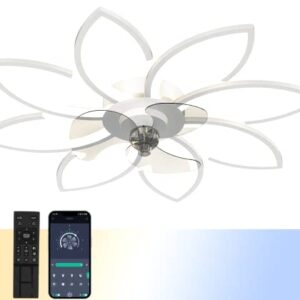 Pitosar 35.43" Modern Ceiling Fans with Lights with Remote APP Control, Adjustable Brightness LED Flush Mount Ceiling Lights for Living Room, Bedroom, White