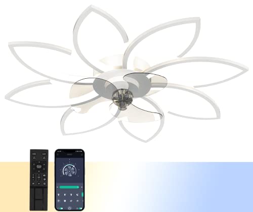 Pitosar 35.43" Modern Ceiling Fans with Lights with Remote APP Control, Adjustable Brightness LED Flush Mount Ceiling Lights for Living Room, Bedroom, White