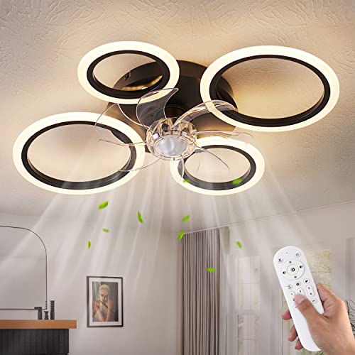 HuixuTe 26" Geometric Personality Ceiling Fan with Lights Remote Control, 3 Colors 6 Speeds Bladeless Ceiling Fan, Low Profile Ceiling Fan with Light for Kitchen Bedroom