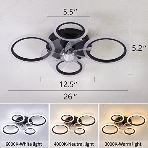 HuixuTe 26" Geometric Personality Ceiling Fan with Lights Remote Control, 3 Colors 6 Speeds Bladeless Ceiling Fan, Low Profile Ceiling Fan with Light for Kitchen Bedroom