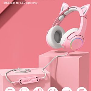 PHNIXGAM Pink Girl Gaming Headset for PS4, PS5, Xbox One(No Adapter), Wired Over-Ear Headphones with Detachable Cat Ears, Noise Cancelling Microphone, RGB Backlight, Surround Sound for PC