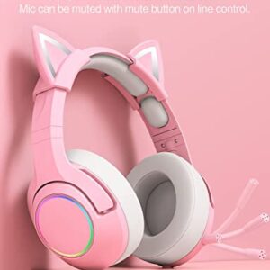 PHNIXGAM Pink Girl Gaming Headset for PS4, PS5, Xbox One(No Adapter), Wired Over-Ear Headphones with Detachable Cat Ears, Noise Cancelling Microphone, RGB Backlight, Surround Sound for PC