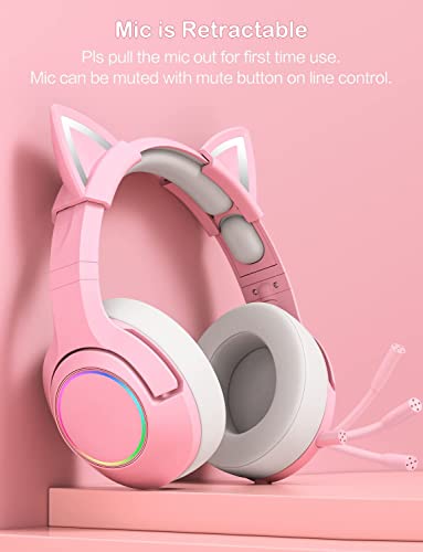 PHNIXGAM Pink Girl Gaming Headset for PS4, PS5, Xbox One(No Adapter), Wired Over-Ear Headphones with Detachable Cat Ears, Noise Cancelling Microphone, RGB Backlight, Surround Sound for PC
