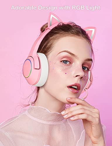 PHNIXGAM Pink Girl Gaming Headset for PS4, PS5, Xbox One(No Adapter), Wired Over-Ear Headphones with Detachable Cat Ears, Noise Cancelling Microphone, RGB Backlight, Surround Sound for PC