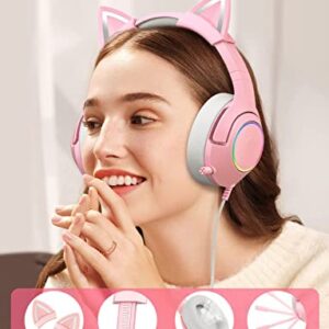 PHNIXGAM Pink Girl Gaming Headset for PS4, PS5, Xbox One(No Adapter), Wired Over-Ear Headphones with Detachable Cat Ears, Noise Cancelling Microphone, RGB Backlight, Surround Sound for PC