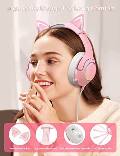 PHNIXGAM Pink Girl Gaming Headset for PS4, PS5, Xbox One(No Adapter), Wired Over-Ear Headphones with Detachable Cat Ears, Noise Cancelling Microphone, RGB Backlight, Surround Sound for PC