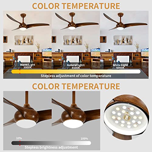 ARONKID 52 Inch Wave Design Ceiling Fan with Lights, Indoor and Outdoor Ceiling Fans with Remote,Dimmable (3000K-6000K), 3 Plywood Blades,Reversible,Walnut