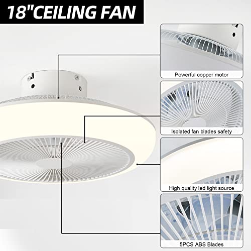 Ceiling Fan with Lights Remote Control 18" Modern Bladeless Ceiling Fan 72W Low Profile Flush Mount Ceiling Fan Light Kits Smart LED Dimmable Enclosed Ceiling Fan for Bedroom Kitchen Living Room