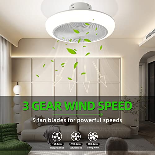 Ceiling Fan with Lights Remote Control 18" Modern Bladeless Ceiling Fan 72W Low Profile Flush Mount Ceiling Fan Light Kits Smart LED Dimmable Enclosed Ceiling Fan for Bedroom Kitchen Living Room