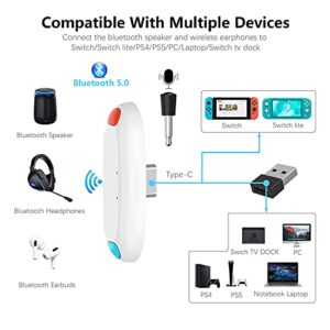 Bluetooth Adapter for Nintendo Switch/Lite, BT 5.0 Wireless Audio Transmitter with Low Latency USB C to A Converter for Bluetooth Headphone Speakers on PS4 PS5 PC Laptop Airpods White (White) (White)