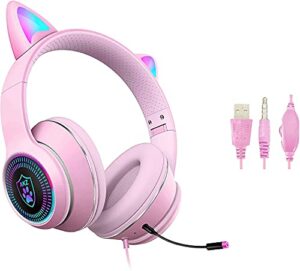 cat ear gaming headsets with detachable mic rgb light flashing glowing stereo headphones, 7.1 spatial stereo surround sound headset over-ear for pc, xbox one, x & s, ps4, ps5, nintendo switch, mobile