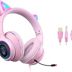 Cat Ear Gaming Headsets with Detachable Mic RGB Light Flashing Glowing Stereo Headphones, 7.1 Spatial Stereo Surround Sound Headset Over-Ear for PC, Xbox One, X & S, PS4, PS5, Nintendo Switch, Mobile