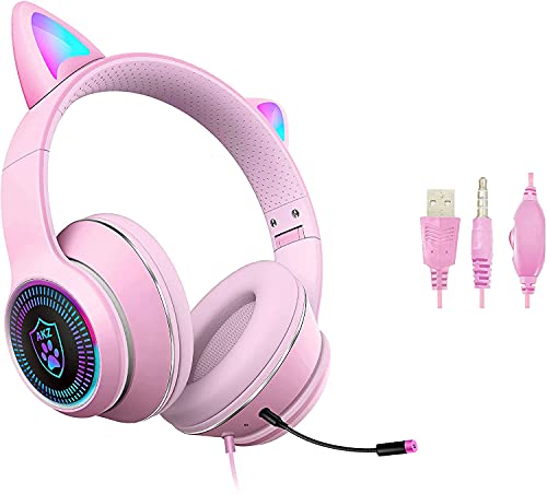 Cat Ear Gaming Headsets with Detachable Mic RGB Light Flashing Glowing Stereo Headphones, 7.1 Spatial Stereo Surround Sound Headset Over-Ear for PC, Xbox One, X & S, PS4, PS5, Nintendo Switch, Mobile