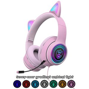 Cat Ear Gaming Headsets with Detachable Mic RGB Light Flashing Glowing Stereo Headphones, 7.1 Spatial Stereo Surround Sound Headset Over-Ear for PC, Xbox One, X & S, PS4, PS5, Nintendo Switch, Mobile