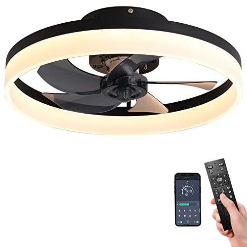 TGHSOJH Low Profile Ceiling Fan with Light - Modern Flush Mount Enclosed Ceiling Fan 20" LED Dimmable Bladeless Ceiling Fans with Remote Control,Smart 3 Light Color and 6 speeds(Black)