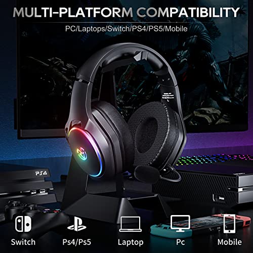 Tatybo 5.8GHz Wireless Gaming Headset with Detachable Mic for PC PS4 PS5 Mac Switch, Bluetooth 5.2 Gaming Headphones, 7.1 Surround Sound