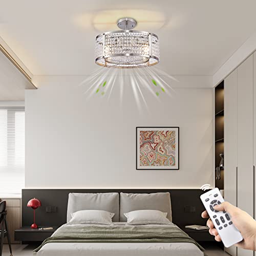 Flush Mount Caged Ceiling Fan with Lights Remote Control, Low Profile Ceiling Fan with Light Small Modern Bladeless Ceiling Fan with Reversible 6 Speeds Motor for Bedroom Dining Room (Brushed Nickel)